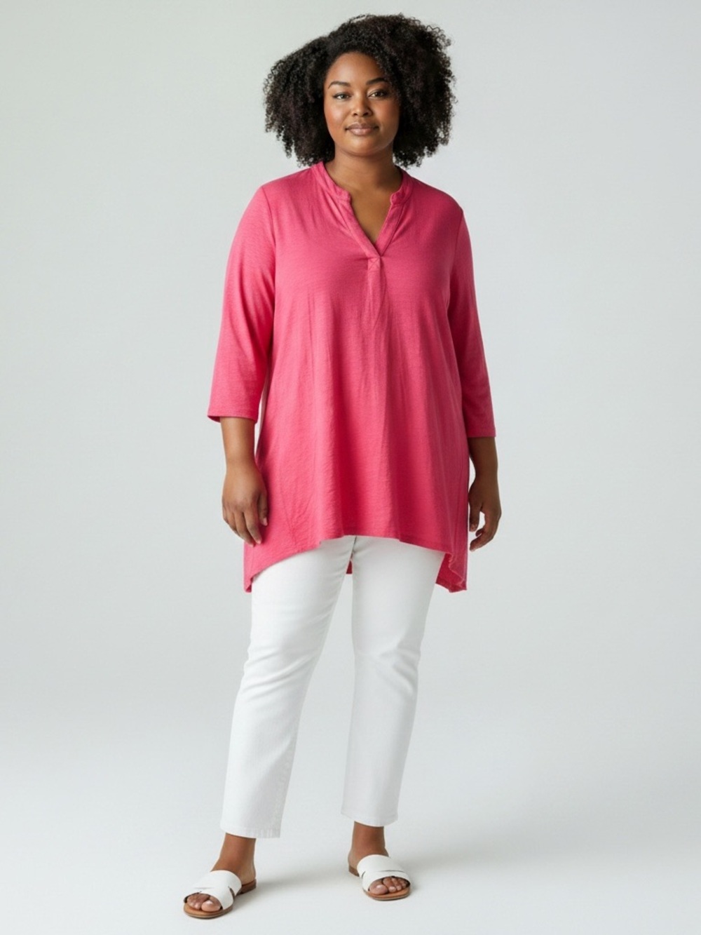 Chico's size 3XL Tunic Top Pink Geometric Sharkbite Hem Cotton Modal 3/4 Sleeve